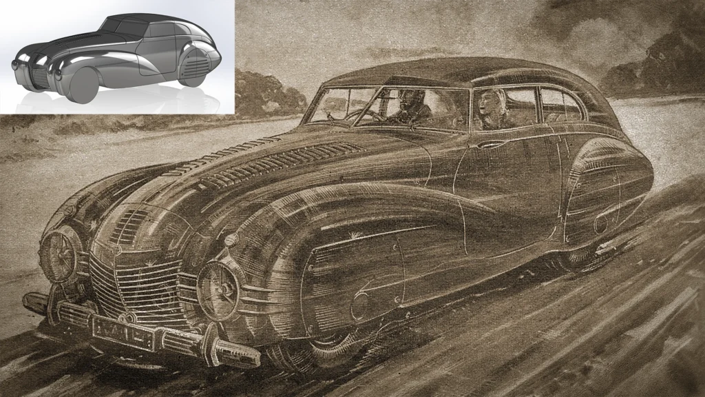 Forte-Vision-Bracco-MKIII-Classic-Car-sketch-3D-render-forties-car-racing-along-country-road-man-woman-inside