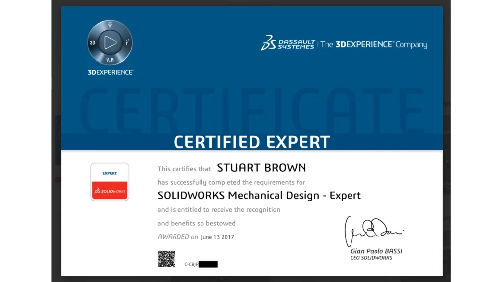 STUART-BROWN-SOLIDWORKS-CSWE-CERTIFICATE-CERTIFIED-SOLIDWORKS-MECHANICAL-DESIGN-EXPERT